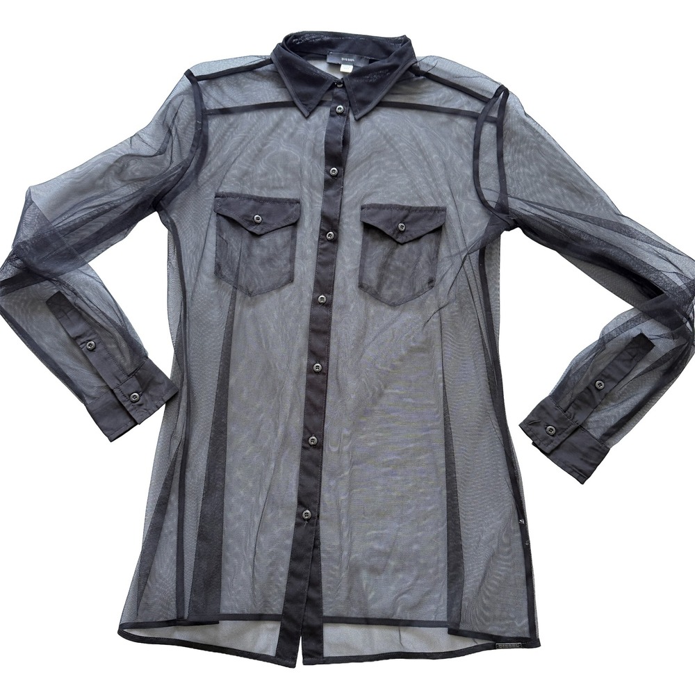 Diesel Womens Black Sheer Mesh Button Down Shirt Long Sleeve Pocket Top